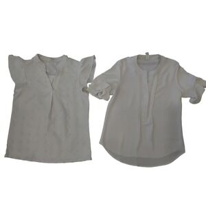 B White Blouse Lot 2 Swiss Dot Flutter Sleeve Split Neck Tops Small
